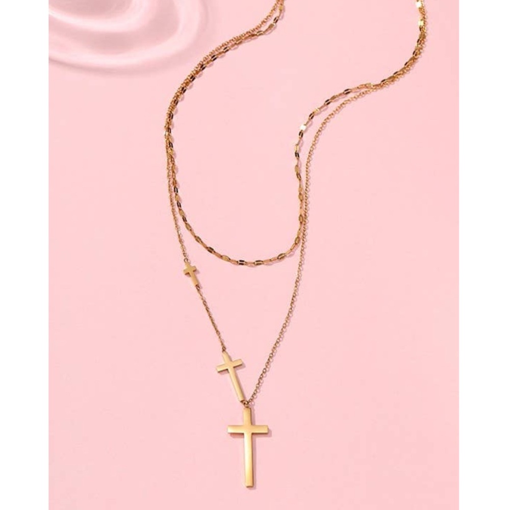 18k gold plated stainless steel double layered cross necklace - Picture 2 of 2
